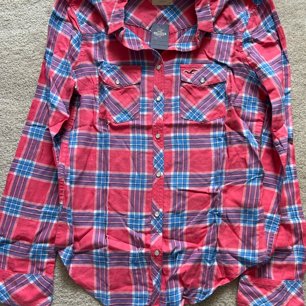 Hollister Pink and Blue Plaid Button-Down Shirt
